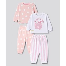Bonifno 100% Cotton Knit Full Sleeves Co-Ords T-Shirt & Pyjama Night Suit with Polka Dot & Text Print Pack of 2 - White & Pink