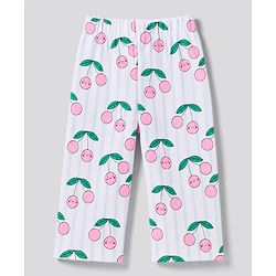 Bonfino Girls 100% Cotton Knit Full Sleeves T-Shirt & Pyjama Night Suit with Cherry & Pear Print Pack of 3 - Sky Blue Pink & White