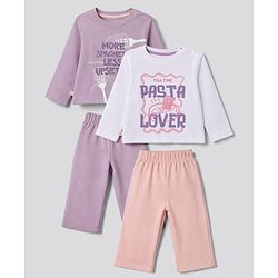 Bonfino 100% Cotton Knit Full Sleeves T-shirt & Pyjama Night Suit With Text Print Pack of 2 - White, Lavender & Peach