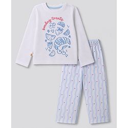 Bonfino 100% Cotton Knit Full Sleeves T-Shirt & Pyjama Night Suit with Tropical Theme Print - White