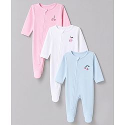 Bonfino 100% Cotton Knit Full Sleeves Sleep Suit with Cherry & Pear Print Pack of 3 - Pink White & Sky Blue