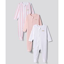 Bonfino 100% Cotton Knit Full Sleeves Striped Sleep Suit Pack of 3 - Pink, Peach & White