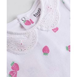 Bonfino 100% Cotton Knit Full Sleeves Strawberry Printed Romper With Schiffli Collar - White