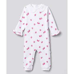 Bonfino 100% Cotton Knit Full Sleeves Strawberry Printed Romper With Schiffli Collar - White