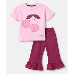 Bonfino 100% Cotton Knit Half Sleeves T-Shirt and Pants Set With Cherry Print - Pink