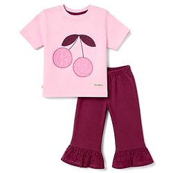 Bonfino 100% Cotton Knit Half Sleeves T-Shirt and Pants Set With Cherry Print - Pink