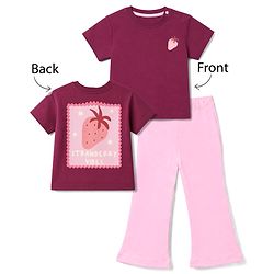 Bonfino 100% Cotton Knit Half Sleeves Oversized T-Shirt & Pyjama Set With Strawberry Print - Purple & Pink