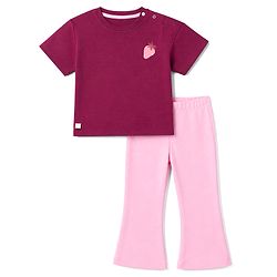 Bonfino 100% Cotton Knit Half Sleeves Oversized T-Shirt & Pyjama Set With Strawberry Print - Purple & Pink