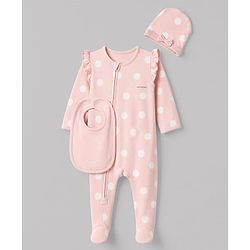 Bonfino 100% Cotton Knit Full Sleeves Polka Dots Printed Sleep Suit with Cap & Bibs - Pink