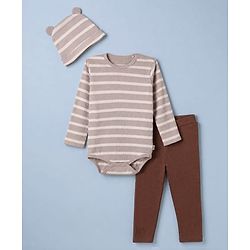 Bonfino Cotton Elastane Knit Drop Needle Structure Yarn Dyed Full Sleeves Striped Onesie and Pyjama Set With Cap - Beige