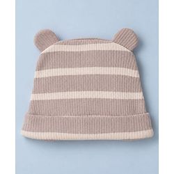 Bonfino Cotton Elastane Knit Drop Needle Structure Yarn Dyed Full Sleeves Striped Onesie and Pyjama Set With Cap - Beige