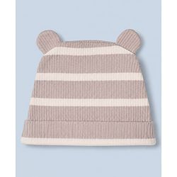 Bonfino Cotton Elastane Knit Drop Needle Structure Yarn Dyed Full Sleeves Striped Onesie and Pyjama Set With Cap - Beige