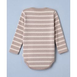 Bonfino Cotton Elastane Knit Drop Needle Structure Yarn Dyed Full Sleeves Striped Onesie and Pyjama Set With Cap - Beige