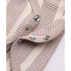 Bonfino Cotton Elastane Knit Drop Needle Structure Yarn Dyed Full Sleeves Striped Onesie and Pyjama Set With Cap - Beige