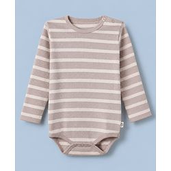 Bonfino Cotton Elastane Knit Drop Needle Structure Yarn Dyed Full Sleeves Striped Onesie and Pyjama Set With Cap - Beige