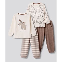 Bonfino Cotton Elastane Knit Drop Needle Structure Fabric Full Sleeves T-Shirt & Yarn Dyed Pyjama Night Suit with Animal Print Pack of 2 - Beige & Brown