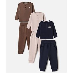 Bonfino Cotton Elastane Knit Drop Needle Structure Fabric Full Sleeves Co-Ords T-Shirt & Pyjama Night Suit with Home Grown Print Pack of 3 - Brown Beige & Navy Blue
