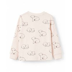 Bonfino Cotton Elastane Knit Drop Needle Structure Fabric Full Sleeves Co-Ords T-Shirt & Pyjama Night Suit with Bear Print Pack of 2 - Beige & Sky Blue
