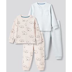Bonfino Cotton Elastane Knit Drop Needle Structure Fabric Full Sleeves Co-Ords T-Shirt & Pyjama Night Suit with Bear Print Pack of 2 - Beige & Sky Blue