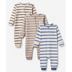 Bonfino Cotton Elastane Knit Drop Needle Structure Fabric Yarn Dyed Striped Full Sleeves Rompers and Pack of 3 - Peach Tan White
