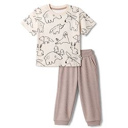 Bonfino Cotton Elastane Knit Drop Shoulder Half Sleeves Oversized T-Shirt and Joggers Set With Animal Print - Light Pink