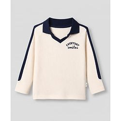 Bonfino Cotton Knit Raglan Full Sleeves Polo T-Shirt Everyday Smiles Embroidery - Cream