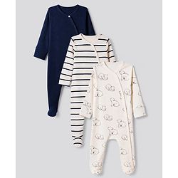 Bonfino Cotton Elastane Knit Drop Needle Structure Fabric & Yarn Dyed Full Sleeves Striped Sleep Suit with Polar Bear Print Pack of 3 - Navy Blue Beige & White