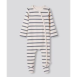 Bonfino Cotton Elastane Knit Drop Needle Structure Fabric & Yarn Dyed Full Sleeves Striped Sleep Suit with Polar Bear Print Pack of 3 - Navy Blue Beige & White