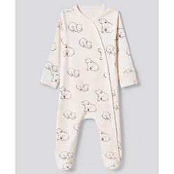 Bonfino Cotton Elastane Knit Drop Needle Structure Fabric & Yarn Dyed Full Sleeves Striped Sleep Suit with Polar Bear Print Pack of 3 - Navy Blue Beige & White