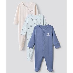Bonfino Cotton Elastane Drop Needle Structure Knit Solid Full Sleeves Sleep Suit with Polar Bear & Penguin with Arctic Crew Print Pack of 3 - Royal Blue Cream Light Blue