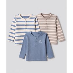 Bonfino Cotton Knit Full Sleeves Regular Round Neck Henley T-Shirts With Solid And Stripes Print Pack Of 3 - Blue & Beige