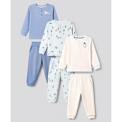 Bonfino Cotton Elastane Knit Drop Needle Structure Fabric Full Sleeves Co-Ords T-Shirt & Pyjama Night Suit with Penguin Print Pack of 3 - Sky Blue Blue & Pink
