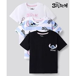 Bonfino Disney Single Jersey Knit Half Sleeves T-Shirts with Lilo and Stitch Print Pack of 3 - White Blue & Black
