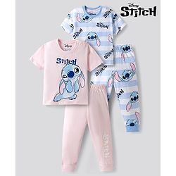 Bonfino Disney Single Jersey Knit Half Sleeves Striped Co-Ords T-Shirt & Pyjama Night Suit with Stitch Graphic Pack of 2 - Pink & Blue