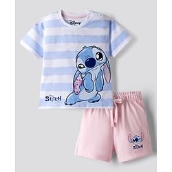 Bonifino Disney Single Jersey Knit Half Sleeves Striped T-Shirt & Shorts Nightsuit with Stitch Graphic - Light Blue