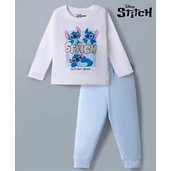 Bonfino Disney 100% Cotton Knit Full Sleeves T-Shirt & Pyjama Night Suit With Stitch Graphic - Light Blue