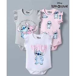 Bonfino Disney Interlock Knit Frill Detailing Half Sleeves Onesies With Lilo Stitch Graphic Pack of 3 - White Grey & Pink