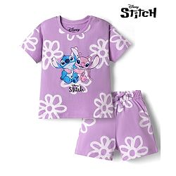 Bonfino Disney Single Jersey Knit Half Sleeves Co-Ords T-Shirt & Shorts Night Suit with Stitch Angel & Floral Print - Lavender