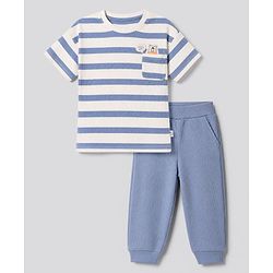 Bonfino Cotton Elastane Drop Needle Structure Fabric Knit Half Sleeves T-Shirt and Joggers Set - Light Blue