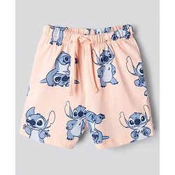 Bonfino Disney Single Jersey Knit Half Sleeves T-Shirt & Shorts Night Suit with Stitch Graphic - White