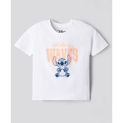 Bonfino Disney Single Jersey Knit Half Sleeves T-Shirt & Shorts Night Suit with Stitch Graphic - White