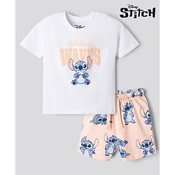 Bonfino Disney Single Jersey Knit Half Sleeves T-Shirt & Shorts Night Suit with Stitch Graphic - White