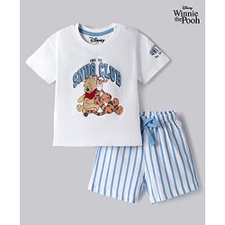 Bonfino Disney Single Jersey Knit Half Sleeves T-Shirt & Striped Shorts with Winnie & Friends Graphics - White