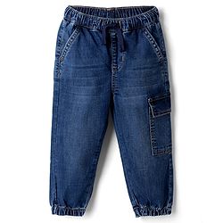Bonfino Woven Full Length Solid Color Jeans with  Cargo Pockets - Navy Blue