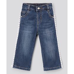 Bonfino Cotton Woven Full Length Wide Leg Washed Denim Jeans With Lace Detail - Blue