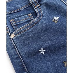Bonfino Cotton Mixes Woven Denim Wide Leg Full Length Jeans with Flowers Embroidery - Navy Blue