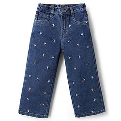 Bonfino Cotton Mixes Woven Denim Wide Leg Full Length Jeans with Flowers Embroidery - Navy Blue