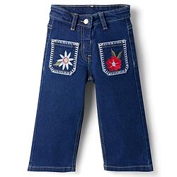 Bonfino Woven Full Length Floral Embroidered Pocket Wide Leg Jeans - Navy Blue