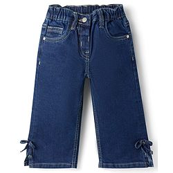 Bonfino Woven Full Length Washed Jeans With Bow Applique - Navy Blue