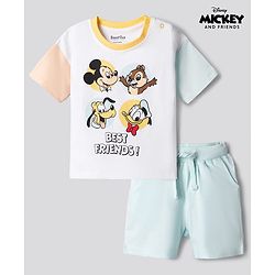 Bonfino Disney Single Jersey Knit Half Sleeves T-Shirt & Shorts Night Suit with Mickey & Friends Graphics - White